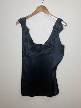 Rebecca Taylor Black Satin Tank Top with Bow Accents